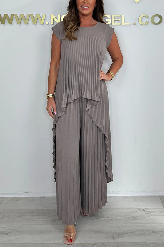 ⏳Limited time 50% OFF🔥Laney Pleated Short Sleeve Irregular Midi Top and Elastic Waist Wide Leg Pants Set✨