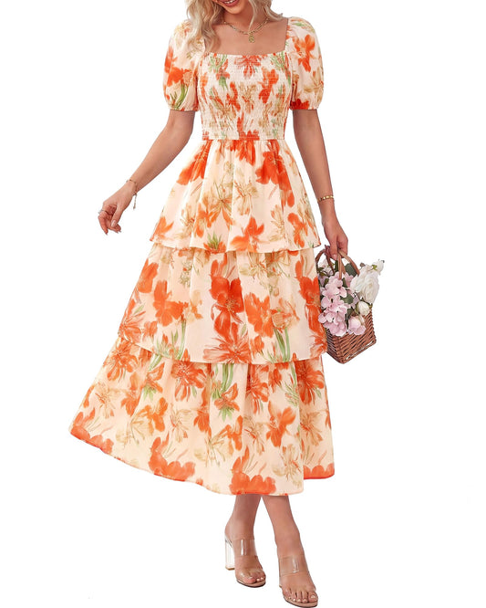 ⏳Limited-time 60% Discount !💃Women's Floral Square Neck Puff Short Sleeve Smocked Tiered Dress