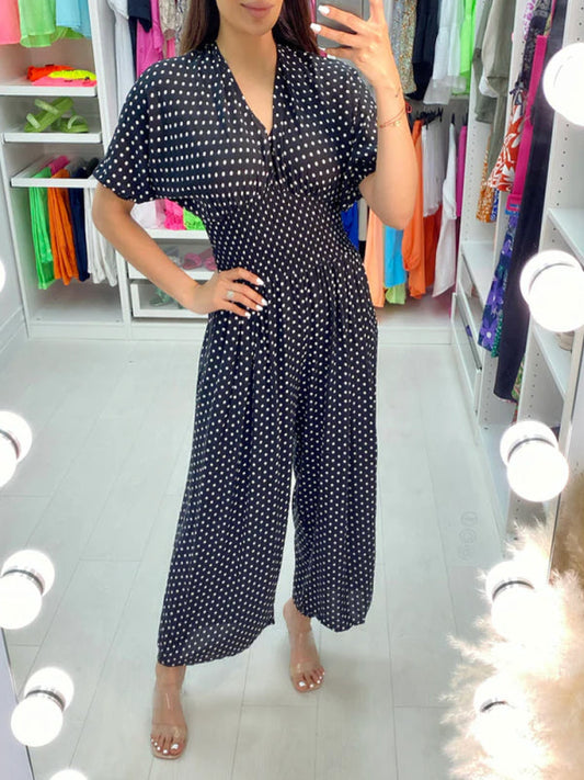 ✨Summer Hot Sale-50% Off💕Polka Dot Printed Elastic Waist Jumpsuit