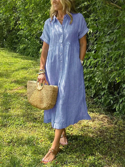 🎉This Week's Special Sales - 50% OFF🌸💃Striped Lapel Button Down Shirt Dress | With Functional Pockets