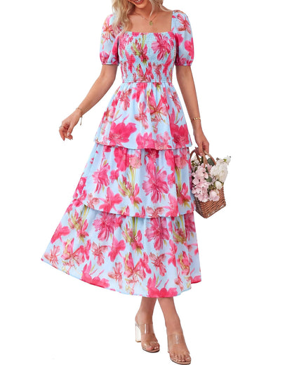 ⏳Limited-time 60% Discount !💃Women's Floral Square Neck Puff Short Sleeve Smocked Tiered Dress