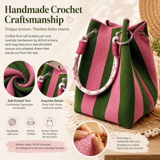 🏆👜 Limited Time Special Price ￡7.99!!✨Boho Striped Knit Bucket Handbag for Women – Handmade Summer Beach Shoulder Bag