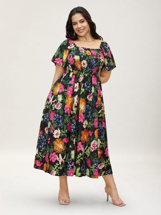 🔥Summer Hot Sale 50% Off!!🌺Floral Smocked Square Neck Midi Dress with Pockets💃