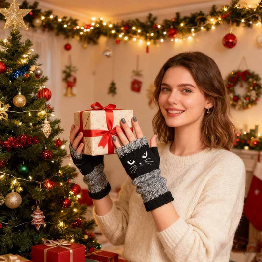 🔥Winter Hot Sale 50% off😻Cat Knitted Embroidery Fingerless Gloves - Cosy, Stylish, Casual Winter Wear