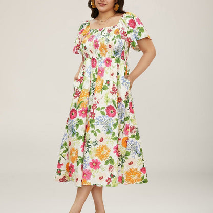 🔥Summer Hot Sale 50% Off!!🌺Floral Smocked Square Neck Midi Dress with Pockets💃