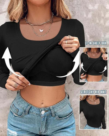 🔥Hot Sale 50% OFF🔥Built-in Bra Long Sleeve Ribbed Top Shirts Elegant Skinny Fit Fabric💥
