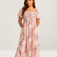 🔥Summer Hot Sale 50% Off!!🌺Floral Smocked Square Neck Midi Dress with Pockets💃