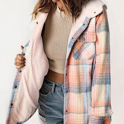 ⏰LAST DAY SALE-50% OFF!!🧥WOMEN'S THICKENED FLANNEL LONG SLEEVE PLAID JACKET COAT WITH HOOD