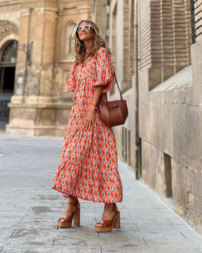 💖LAST DAY SALE 50% OFF🌸Women's Elegant Puff Sleeve Floral Boho Maxi Dress