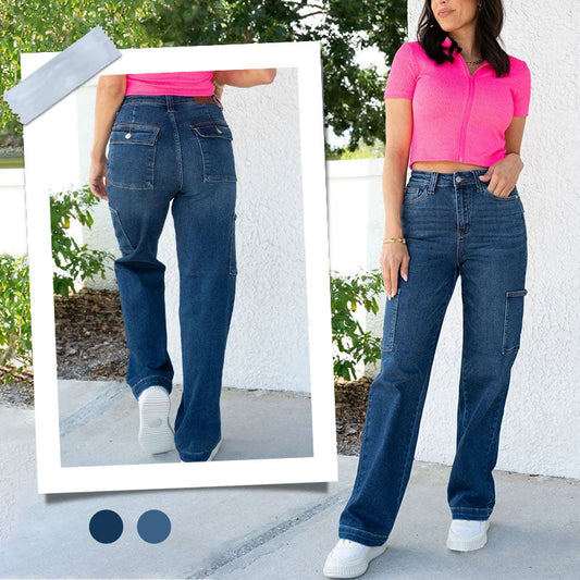 🔥BIG SALE💷Best Price🔥High Rise Cargo Wide-Leg Stretch Jeans for Women