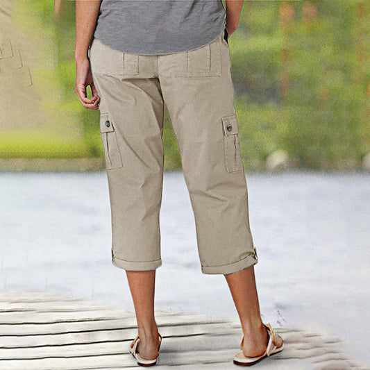 🎉Limited Sale 50% OFF🎉Multi-Pocket Elastic Waist Solid Color Casual Cargo Capri Pants