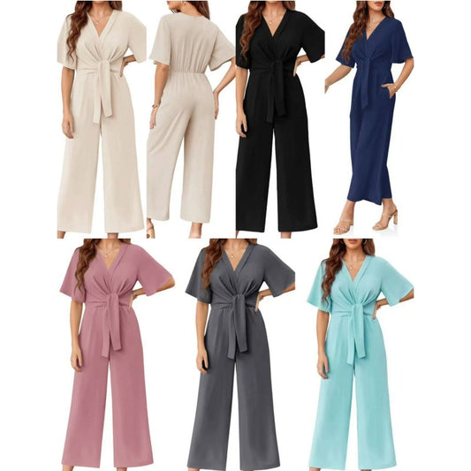 🌺Summer Hot Sale 50% OFF💐Women's Elegant V-Neck Wide Leg Waist Tie Jumpsuit