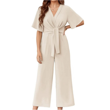 🌺Summer Hot Sale 50% OFF💐Women's Elegant V-Neck Wide Leg Waist Tie Jumpsuit