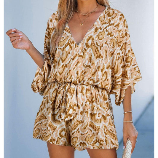 🎉This week's Special Sales - 49% OFF✨Women's Summer Casual V-Neck Printed Jumpsuit with Waist Tie and Dolman Sleeves🎀