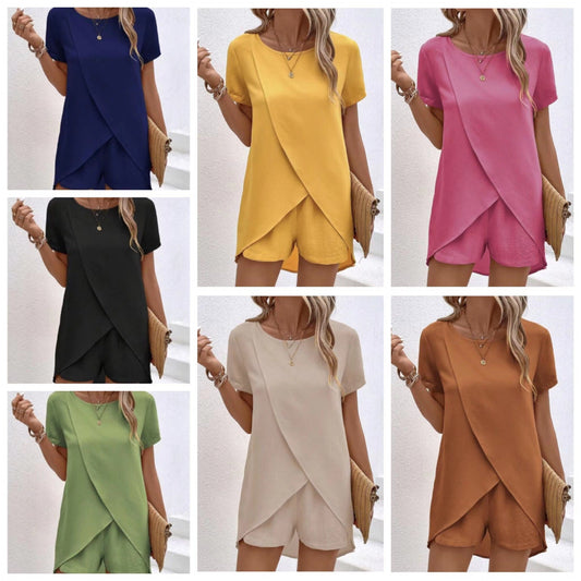🔥Summer Hot Sale-50% Off!!💕Women's Solid Color Irregular Top & Shorts Two Piece Set