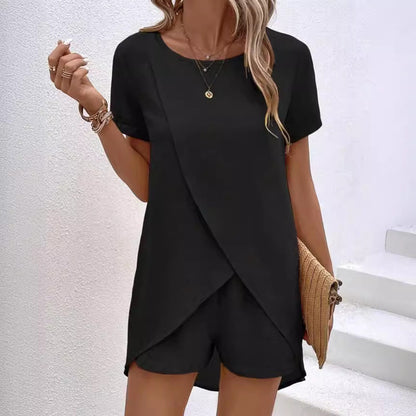 🔥Summer Hot Sale-50% Off!!💕Women's Solid Color Irregular Top & Shorts Two Piece Set