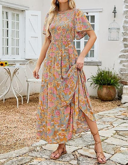 ⏳Limited-time 50% discount!!💞2026 Women's Casual Floral Print Short Flutter Sleeve Smocked High Waist Flowy Maxi Dress