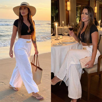 ⏰Last Day-50% Off!!👖💕Women's High-Waist Wide-Leg Trousers with Belt Accent