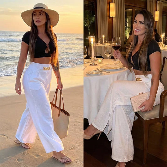 ⏰Last Day-50% Off!!👖💕Women's High-Waist Wide-Leg Trousers with Belt Accent