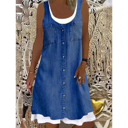 ✨2026 HOT SALE👗☀️Women's Faux Two-Piece Denim Print Dress - Throw It On And Look Instantly Put Together✨