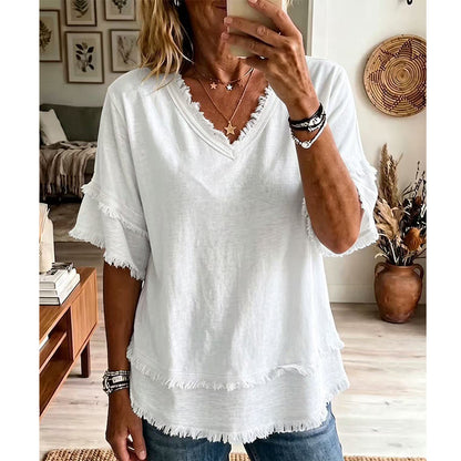 💖2026 Summer Hot Sale 50% OFF!💖Women's Boho V-Neck T-Shirt with Frayed Edges 🌿 – Loose Fit, Breathable Summer Top in Soft Cotton👚