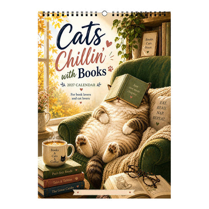2027 Cats Chillin' with Books Wall Calendar
